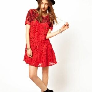 Free People Red and Black Lace Mini Dress